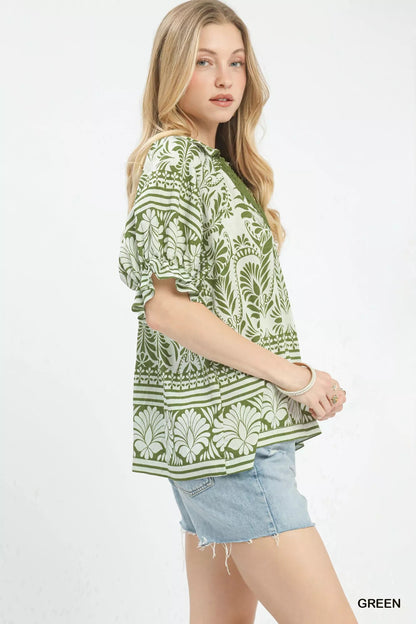 Umgee Two Tone Boarder Print Top - Bitsy Gypsy Boutique