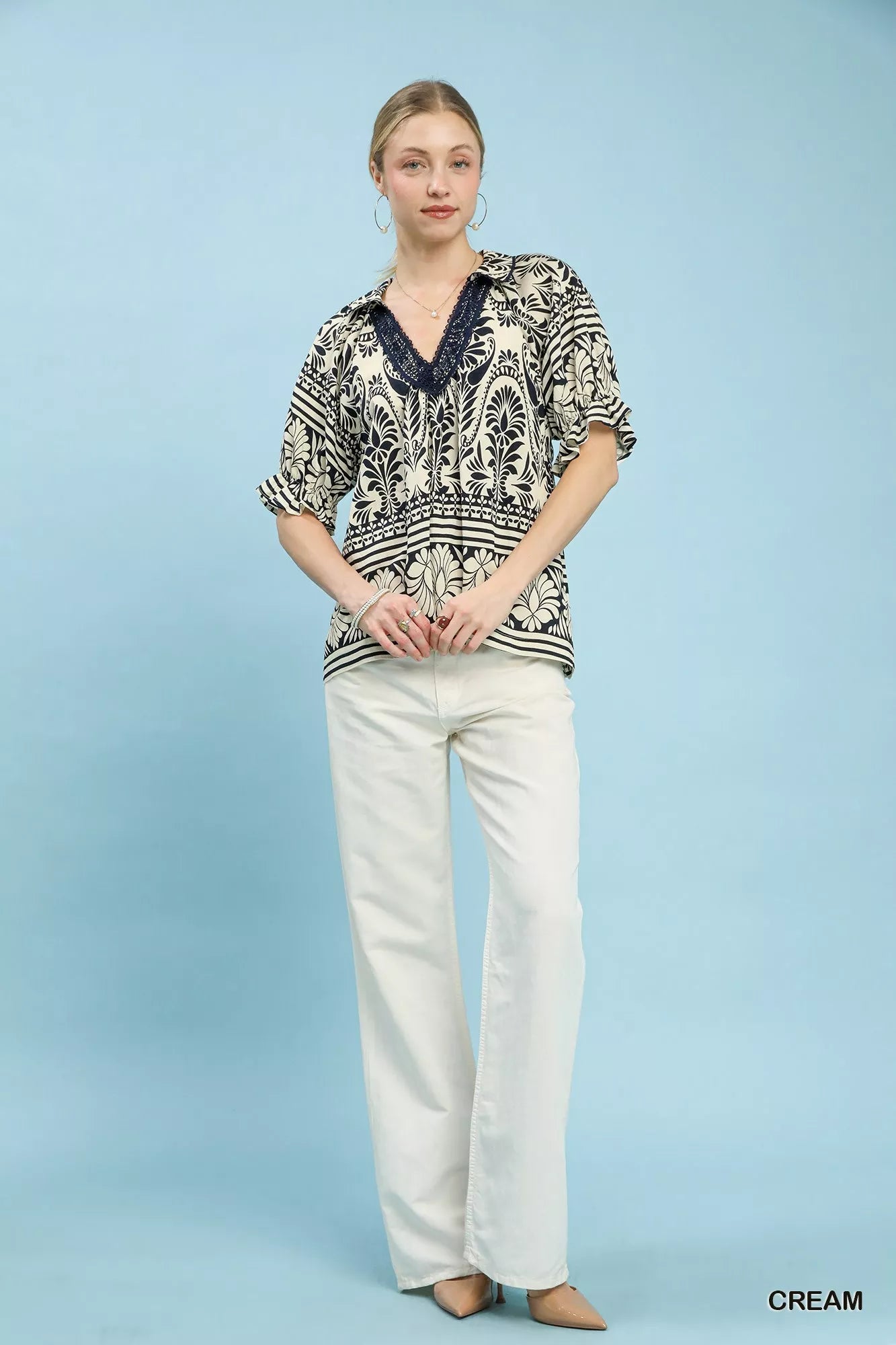 Umgee Two Tone Boarder Print Top - Bitsy Gypsy Boutique