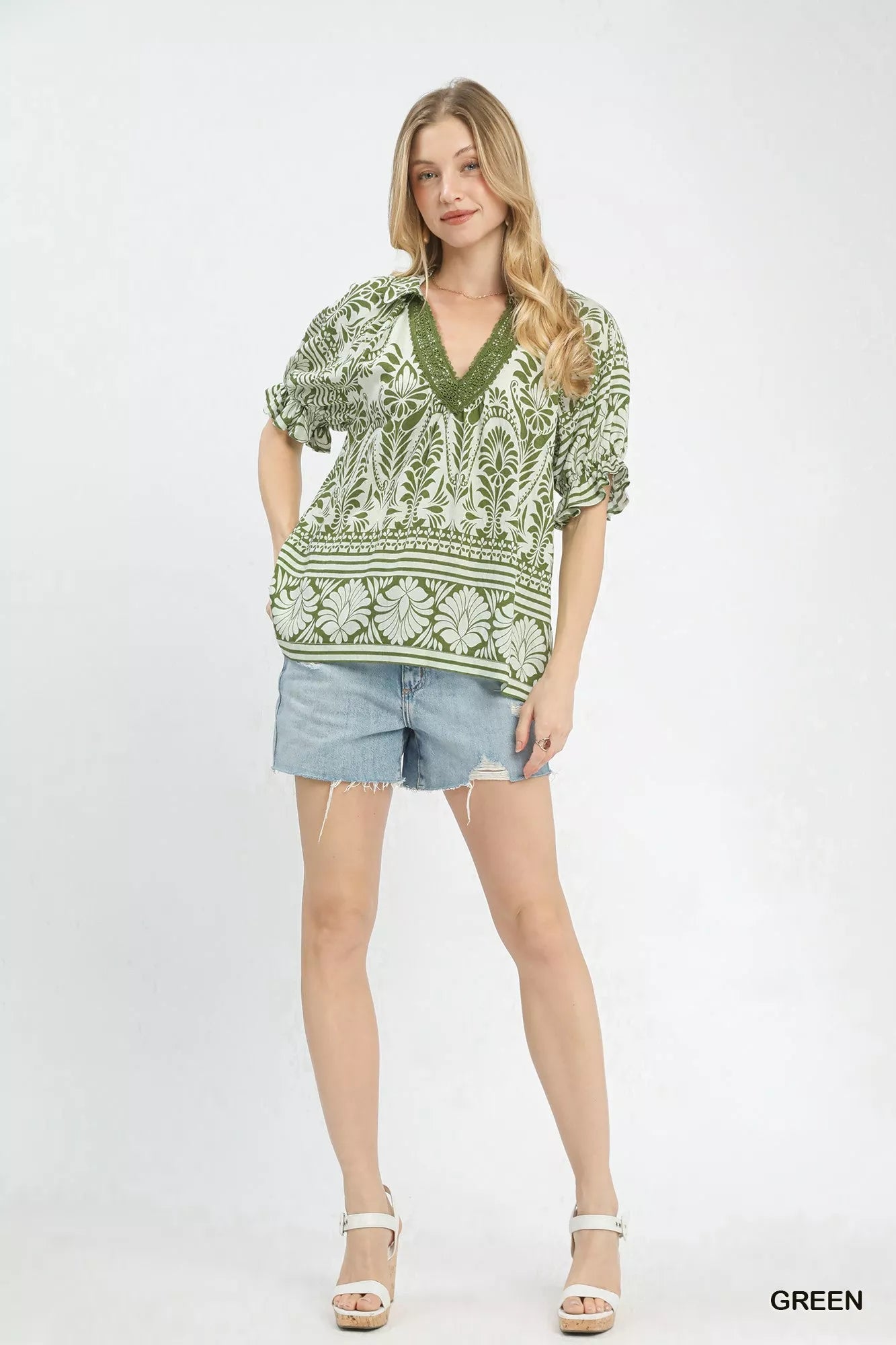 Umgee Two Tone Boarder Print Top - Bitsy Gypsy Boutique