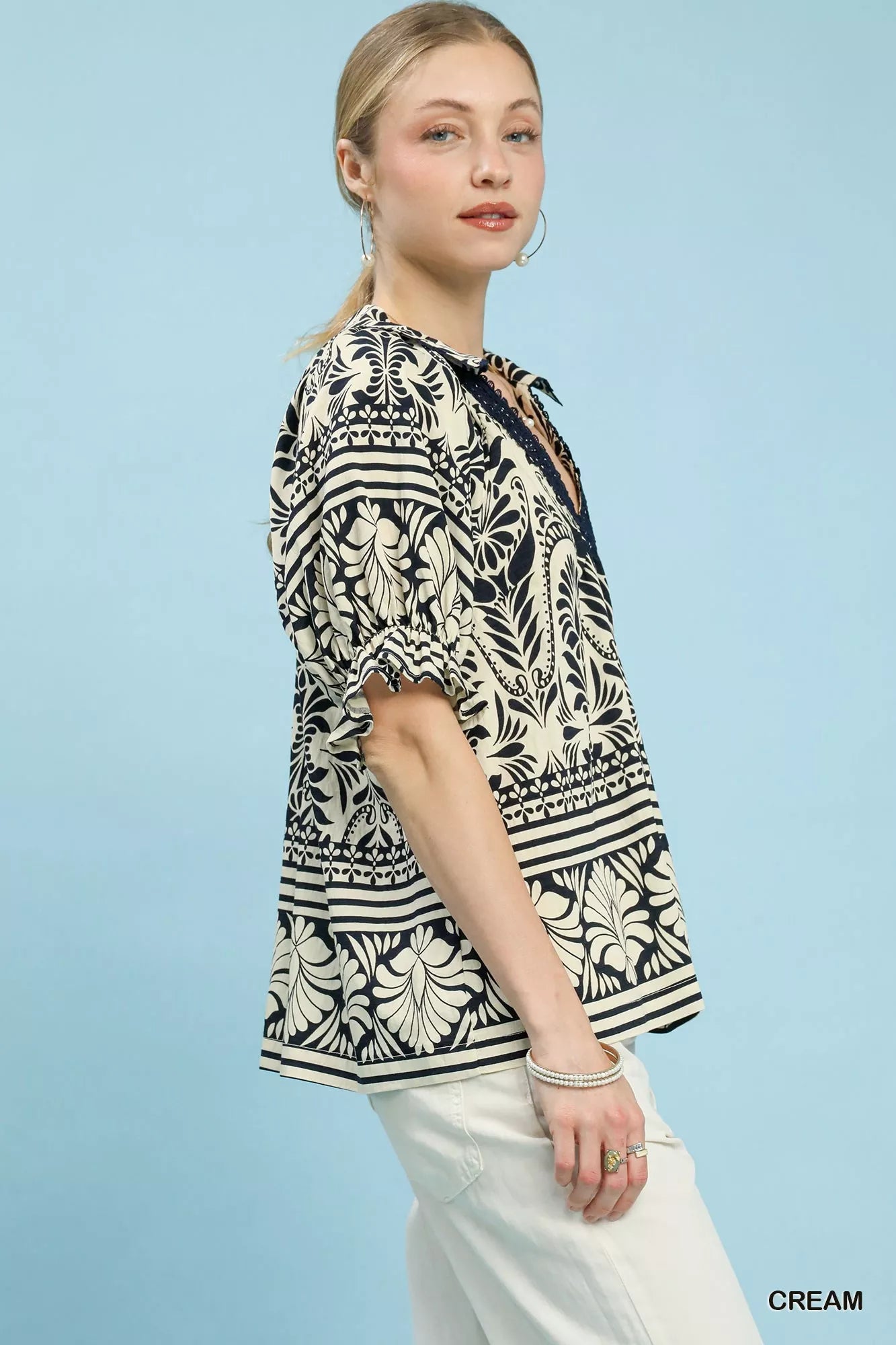 Umgee Two Tone Boarder Print Top - Bitsy Gypsy Boutique