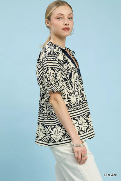 Umgee Two Tone Boarder Print Top - Bitsy Gypsy Boutique