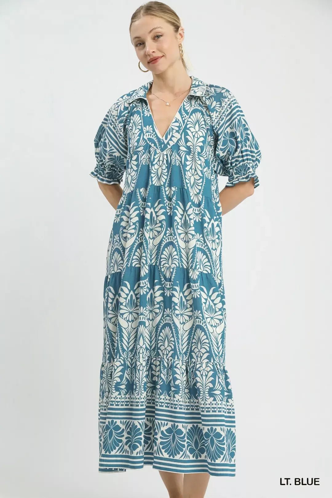 Umgee Two tone Border Print Midi Dress - Bitsy Gypsy Boutique