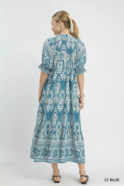Umgee Two tone Border Print Midi Dress - Bitsy Gypsy Boutique
