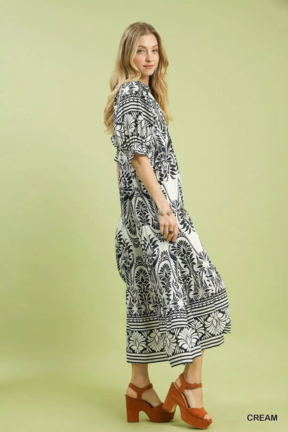 Umgee Two tone Border Print Midi Dress - Bitsy Gypsy Boutique