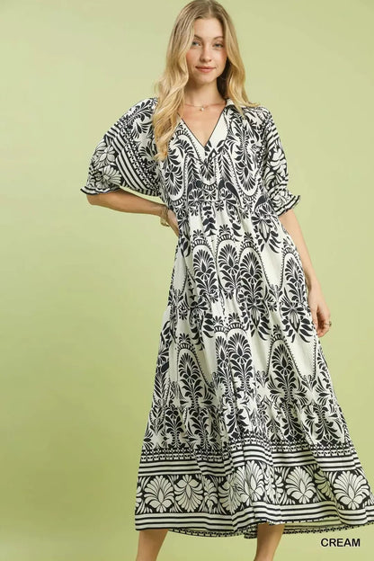 Umgee Two tone Border Print Midi Dress - Bitsy Gypsy Boutique