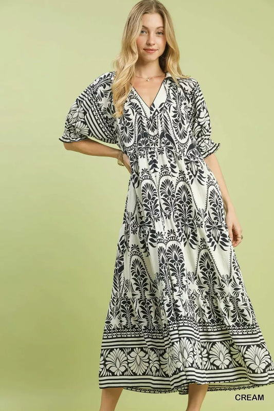 Umgee Two tone Border Print Midi Dress - Bitsy Gypsy Boutique