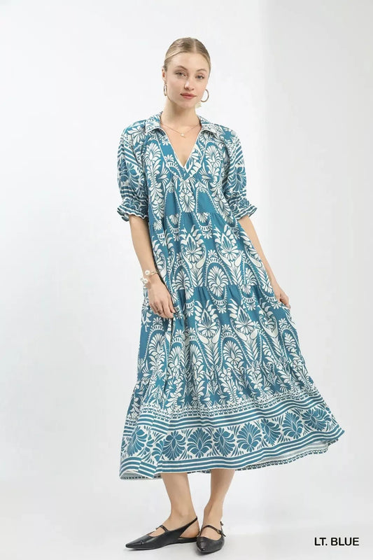 Umgee Two tone Border Print Midi Dress - Bitsy Gypsy Boutique