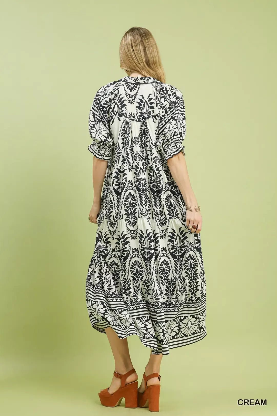 Umgee Two tone Border Print Midi Dress - Bitsy Gypsy Boutique