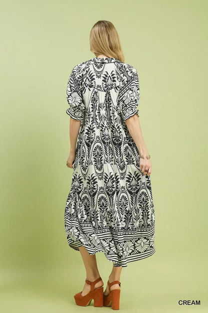 Umgee Two tone Border Print Midi Dress - Bitsy Gypsy Boutique