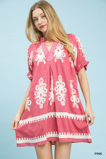 Umgee Two Tone Border Print Mini Dress - Bitsy Gypsy Boutique