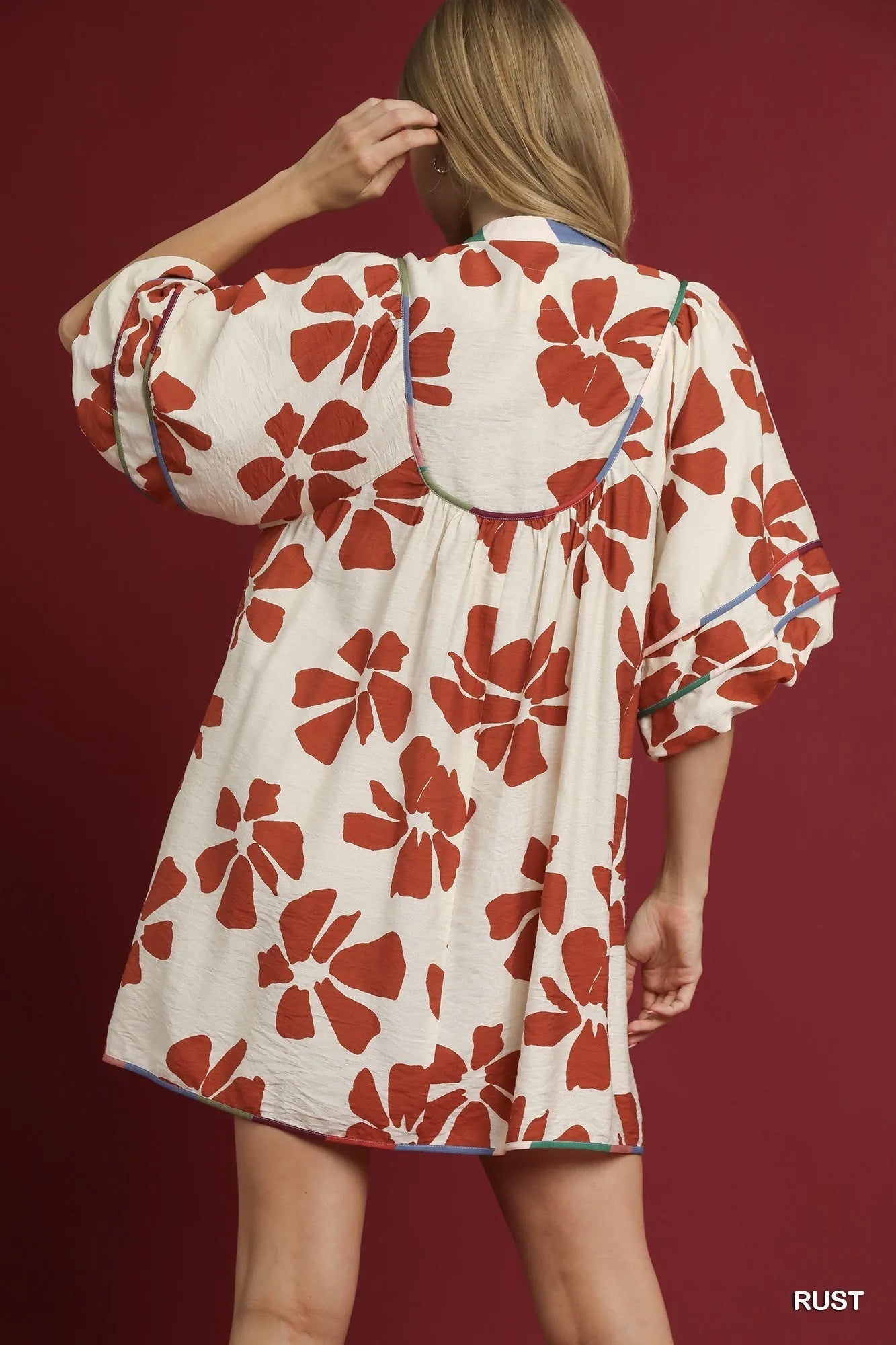 Umgee Two Tone Floral Tie - Neck Babydoll Dress - Bitsy Gypsy Boutique