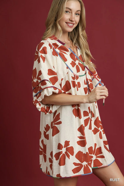 Umgee Two Tone Floral Tie - Neck Babydoll Dress - Bitsy Gypsy Boutique