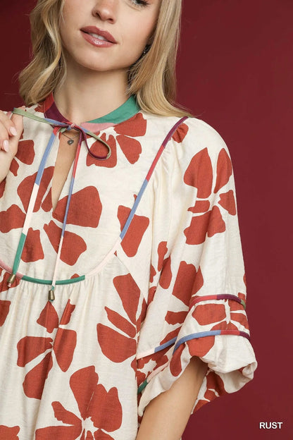 Umgee Two Tone Floral Tie - Neck Babydoll Dress - Bitsy Gypsy Boutique