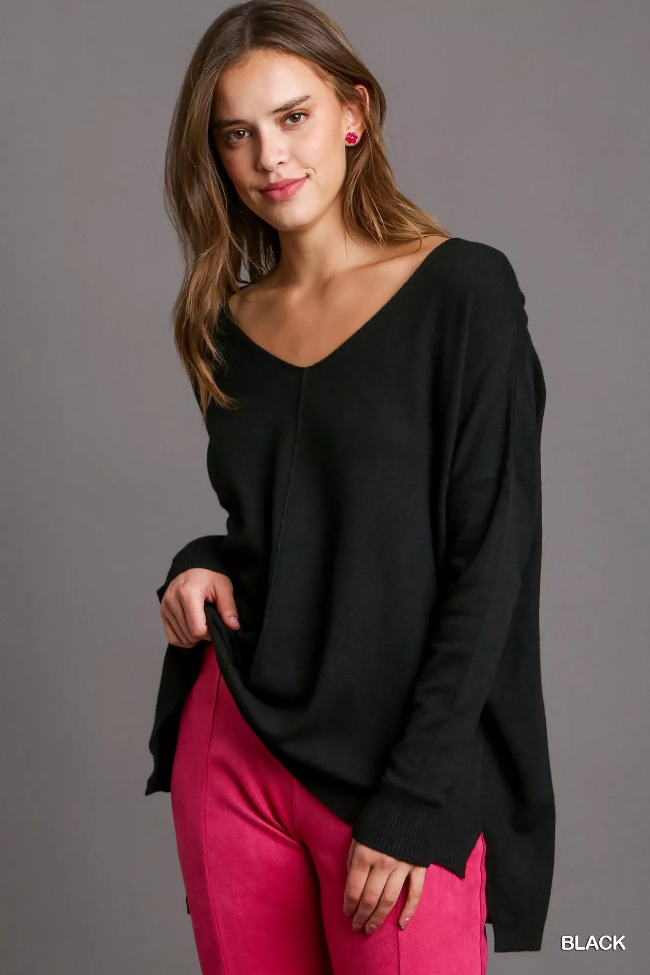 Umgee V - Neck High Low Hem Knit Top with Side Slit - Bitsy Gypsy Boutique