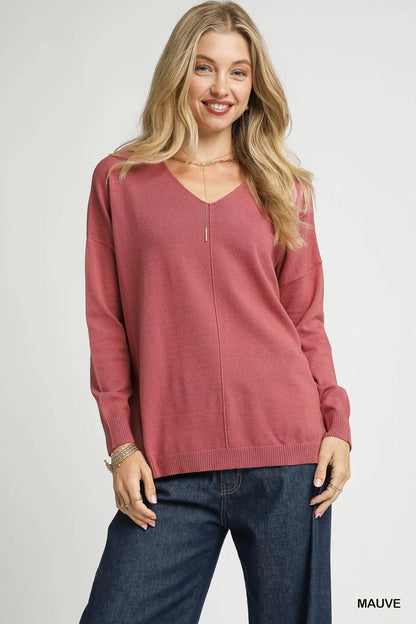 Umgee V - Neck High Low Hem Knit Top with Side Slit - Bitsy Gypsy Boutique
