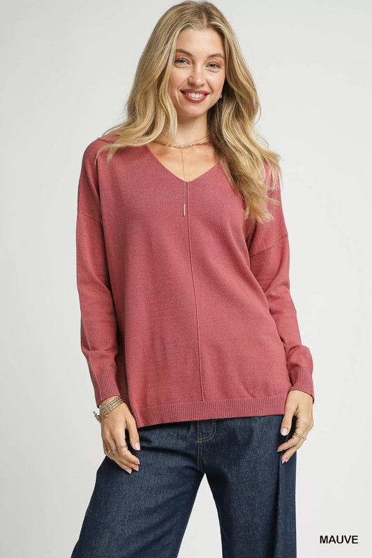Umgee V - Neck High Low Hem Knit Top with Side Slit - Bitsy Gypsy Boutique