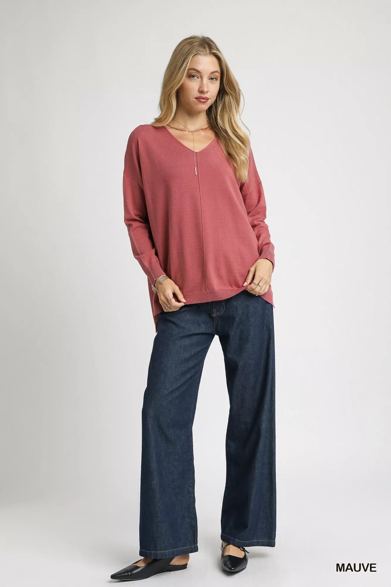 Umgee V - Neck High Low Hem Knit Top with Side Slit - Bitsy Gypsy Boutique