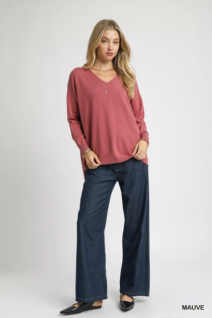 Umgee V - Neck High Low Hem Knit Top with Side Slit - Bitsy Gypsy Boutique