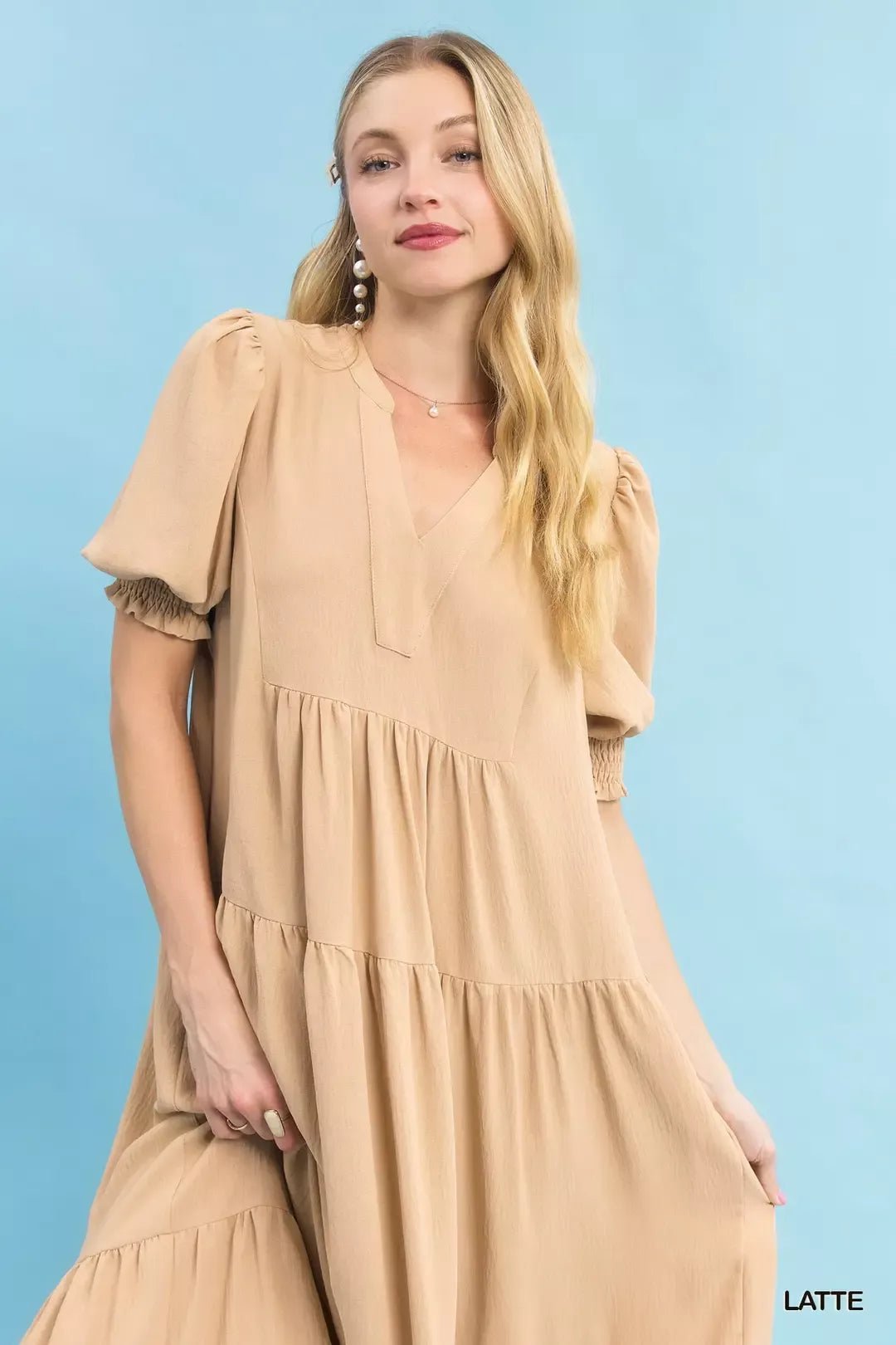 Umgee V - Neck Puff Sleeve Tiered Midi Dress - Bitsy Gypsy Boutique
