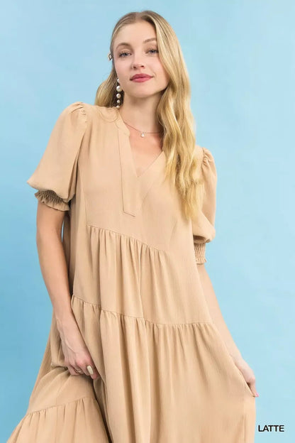 Umgee V - Neck Puff Sleeve Tiered Midi Dress - Bitsy Gypsy Boutique