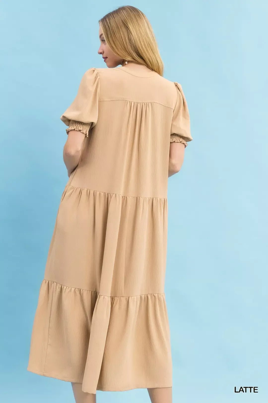 Umgee V - Neck Puff Sleeve Tiered Midi Dress - Bitsy Gypsy Boutique