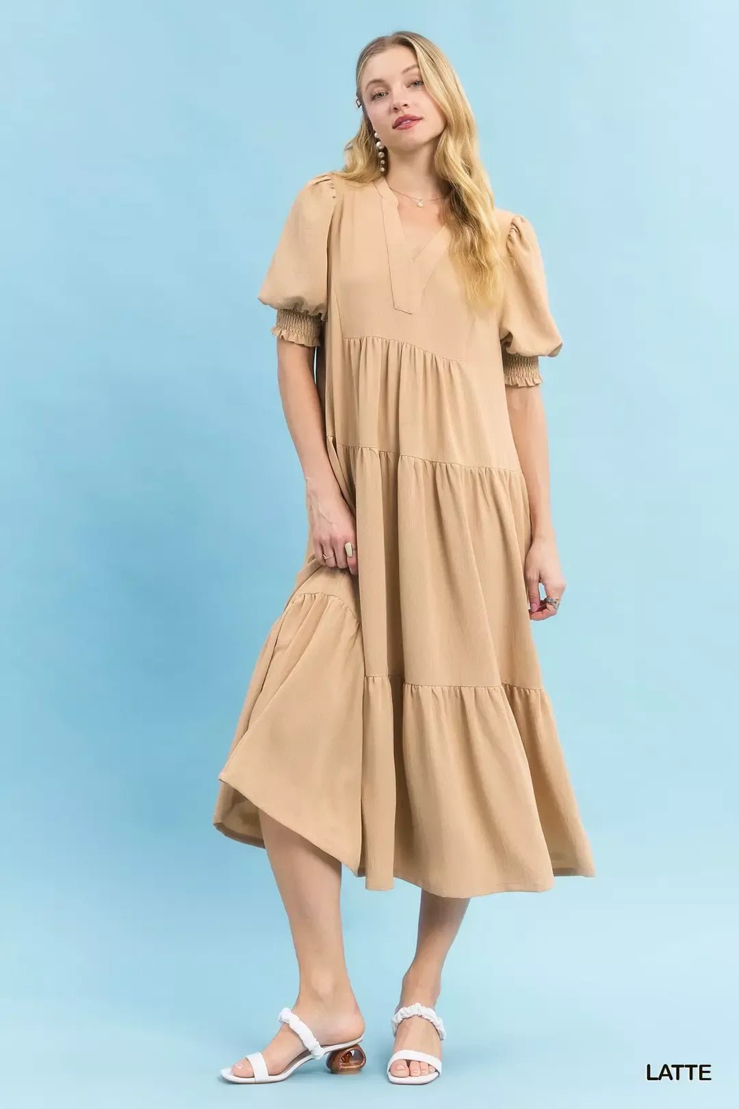 Umgee V - Neck Puff Sleeve Tiered Midi Dress - Bitsy Gypsy Boutique
