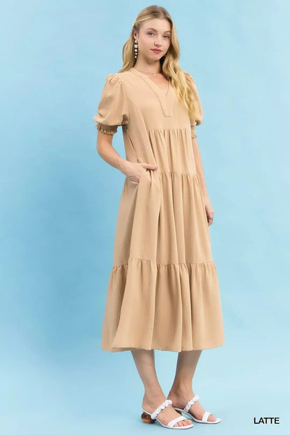 Umgee V - Neck Puff Sleeve Tiered Midi Dress - Bitsy Gypsy Boutique