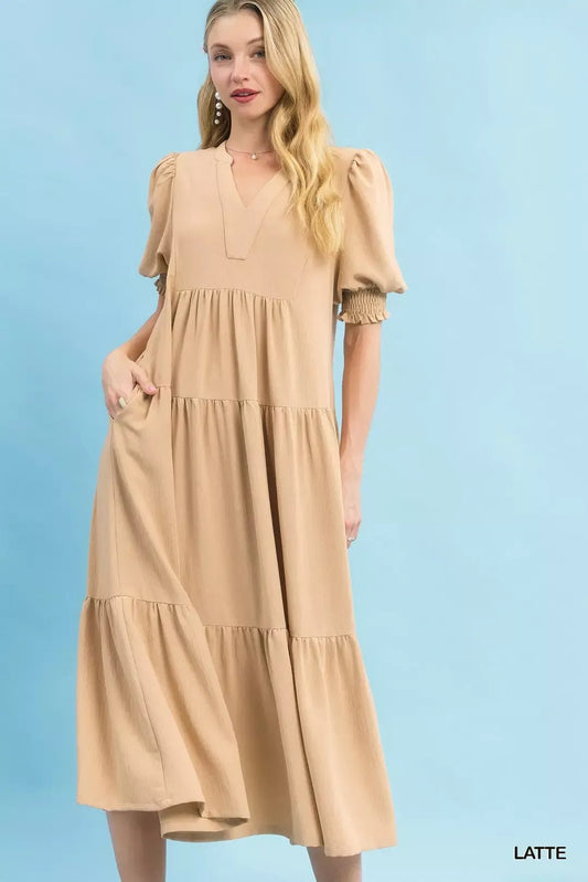 Umgee V - Neck Puff Sleeve Tiered Midi Dress - Bitsy Gypsy Boutique