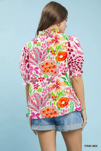 Umgee V - Neck Ruffle Trim Puff Sleeve Top - Bitsy Gypsy Boutique