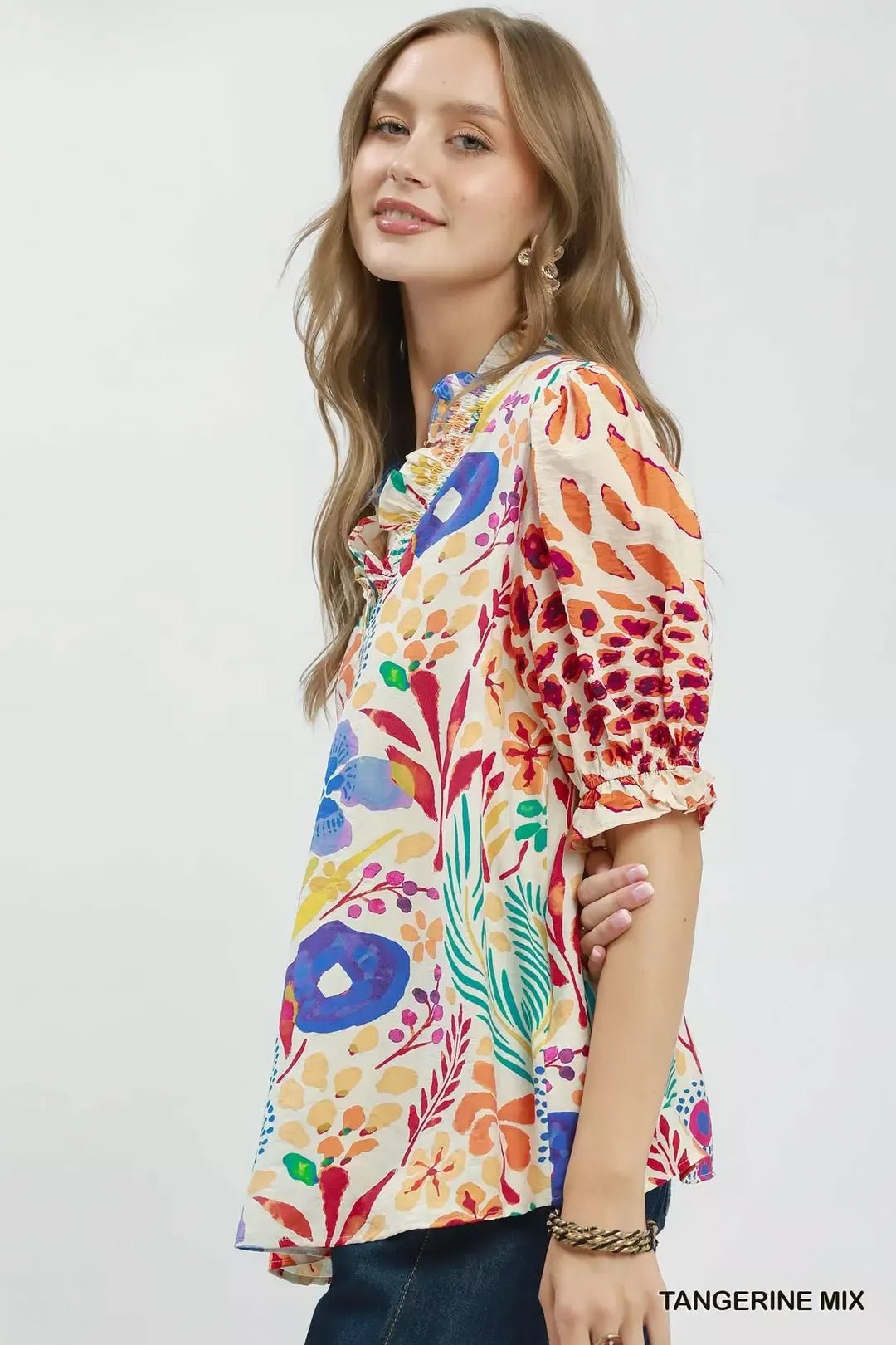 Umgee V - Neck Ruffle Trim Puff Sleeve Top - Bitsy Gypsy Boutique