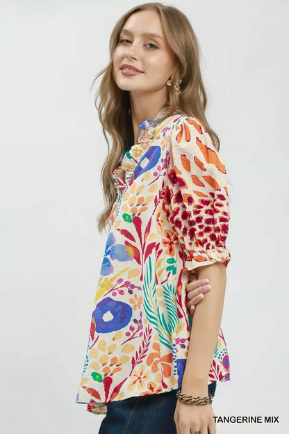 Umgee V - Neck Ruffle Trim Puff Sleeve Top - Bitsy Gypsy Boutique