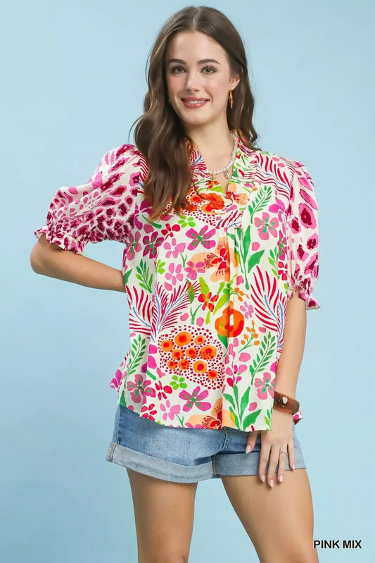 Umgee V - Neck Ruffle Trim Puff Sleeve Top - Bitsy Gypsy Boutique