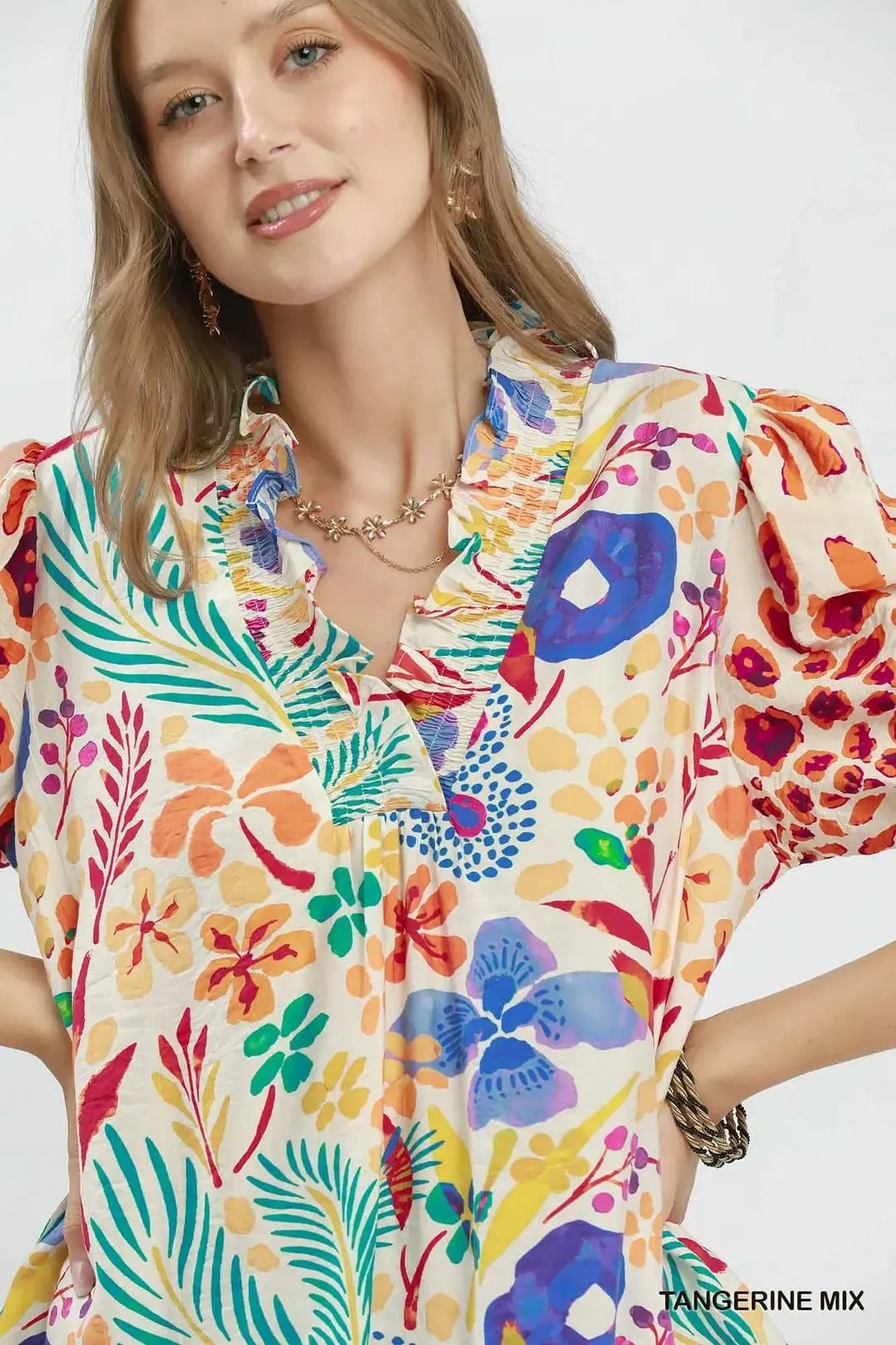 Umgee V - Neck Ruffle Trim Puff Sleeve Top - Bitsy Gypsy Boutique