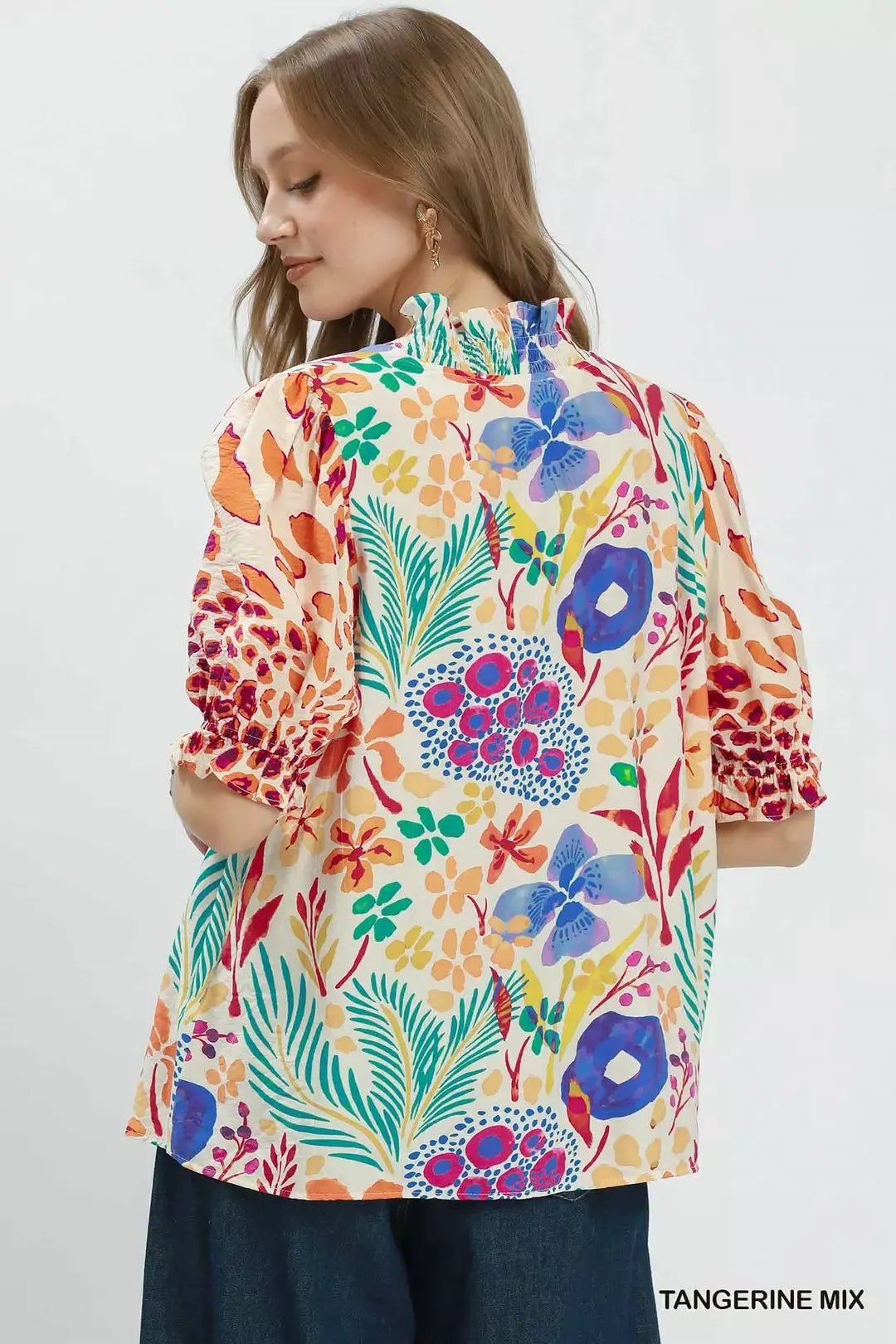 Umgee V - Neck Ruffle Trim Puff Sleeve Top - Bitsy Gypsy Boutique