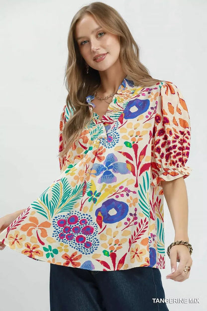 Umgee V - Neck Ruffle Trim Puff Sleeve Top - Bitsy Gypsy Boutique