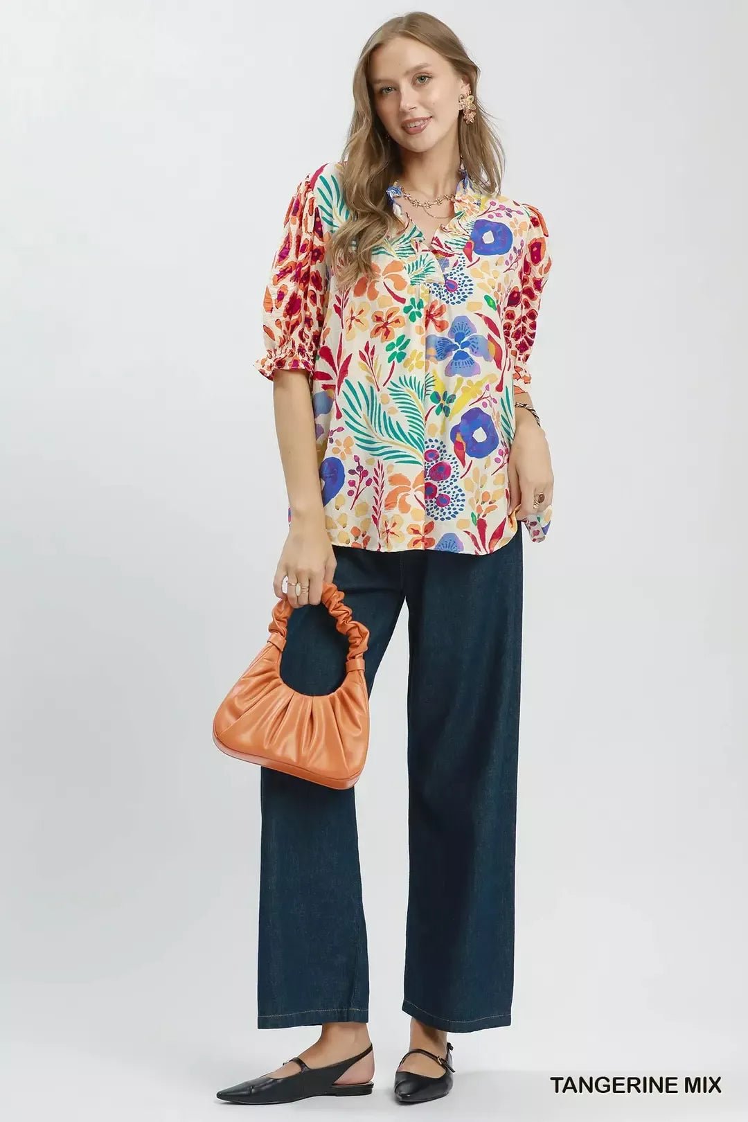 Umgee V - Neck Ruffle Trim Puff Sleeve Top - Bitsy Gypsy Boutique
