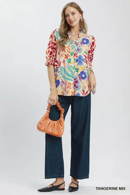 Umgee V - Neck Ruffle Trim Puff Sleeve Top - Bitsy Gypsy Boutique