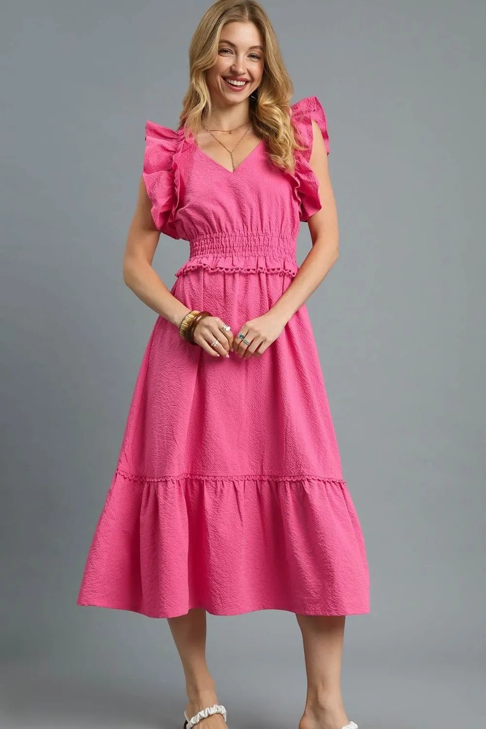 Umgee V - Neck Ruffled Cap Sleeve Midi Dress - Bitsy Gypsy Boutique
