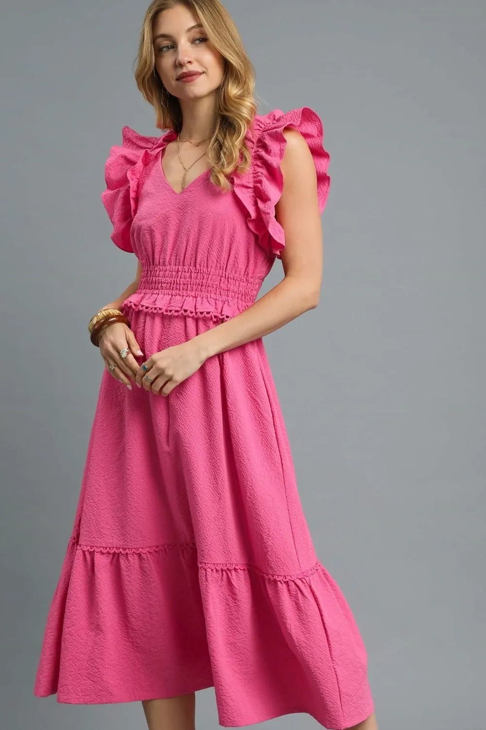 Umgee V - Neck Ruffled Cap Sleeve Midi Dress - Bitsy Gypsy Boutique
