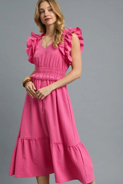 Umgee V - Neck Ruffled Cap Sleeve Midi Dress - Bitsy Gypsy Boutique