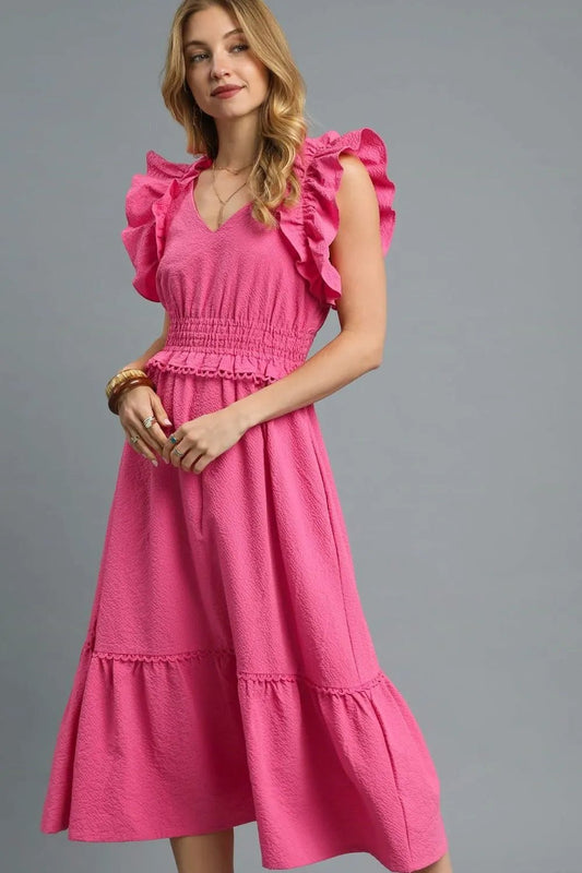 Umgee V - Neck Ruffled Cap Sleeve Midi Dress - Bitsy Gypsy Boutique