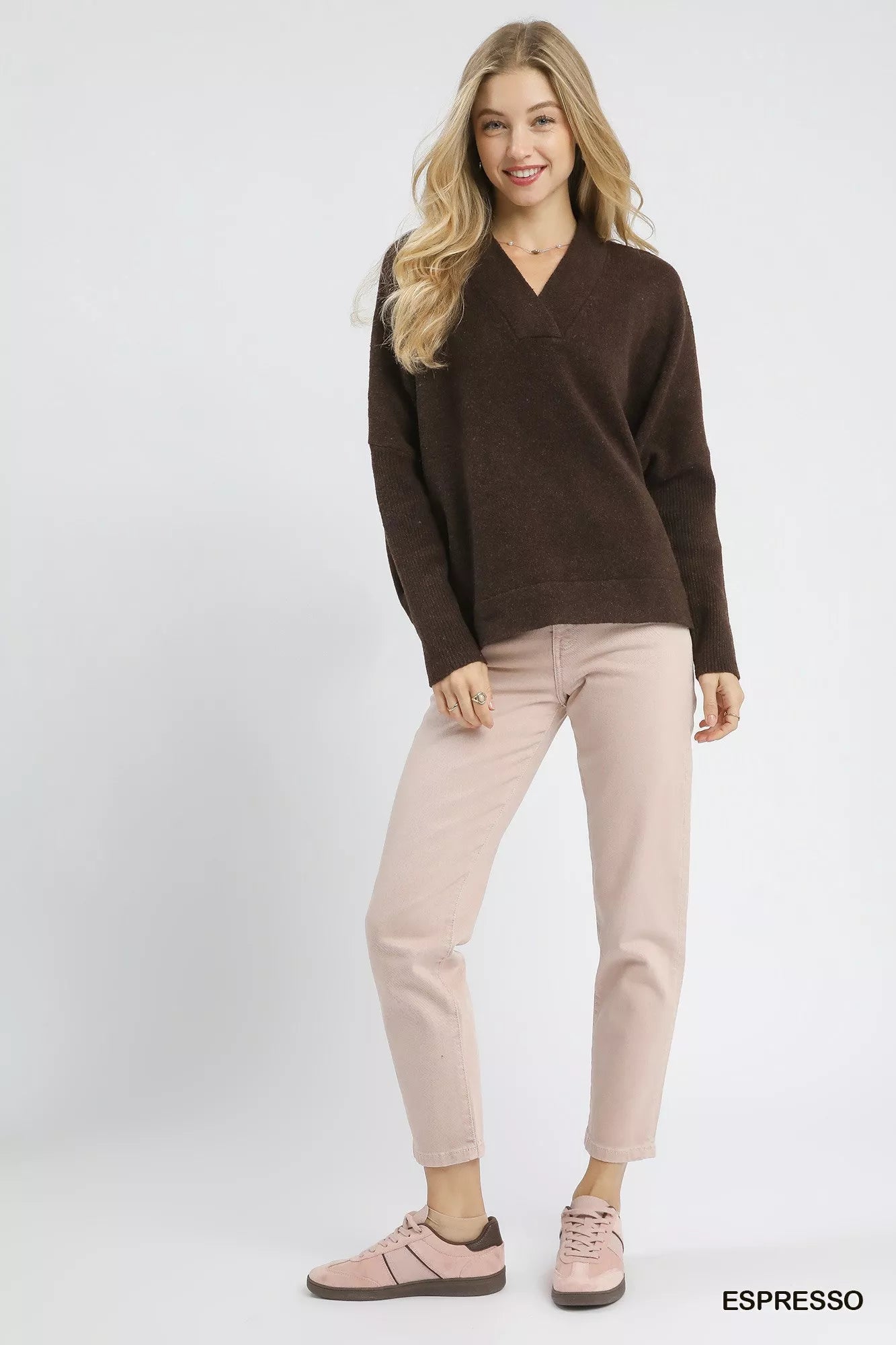 Umgee V - Neck Sweater with Wide Trim Detail - Bitsy Gypsy Boutique
