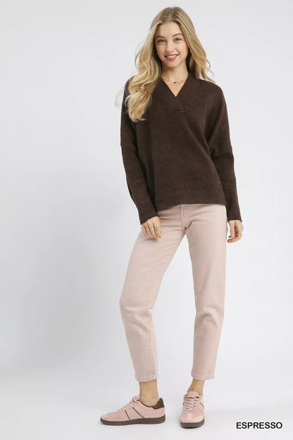 Umgee V - Neck Sweater with Wide Trim Detail - Bitsy Gypsy Boutique