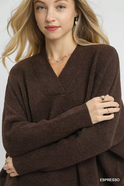 Umgee V - Neck Sweater with Wide Trim Detail - Bitsy Gypsy Boutique