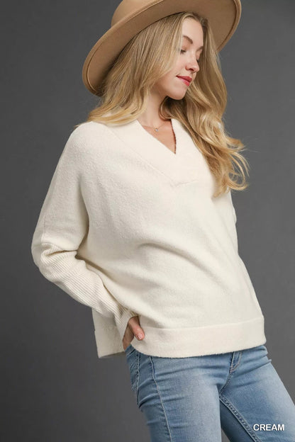 Umgee V - Neck Sweater with Wide Trim Detail - Bitsy Gypsy Boutique