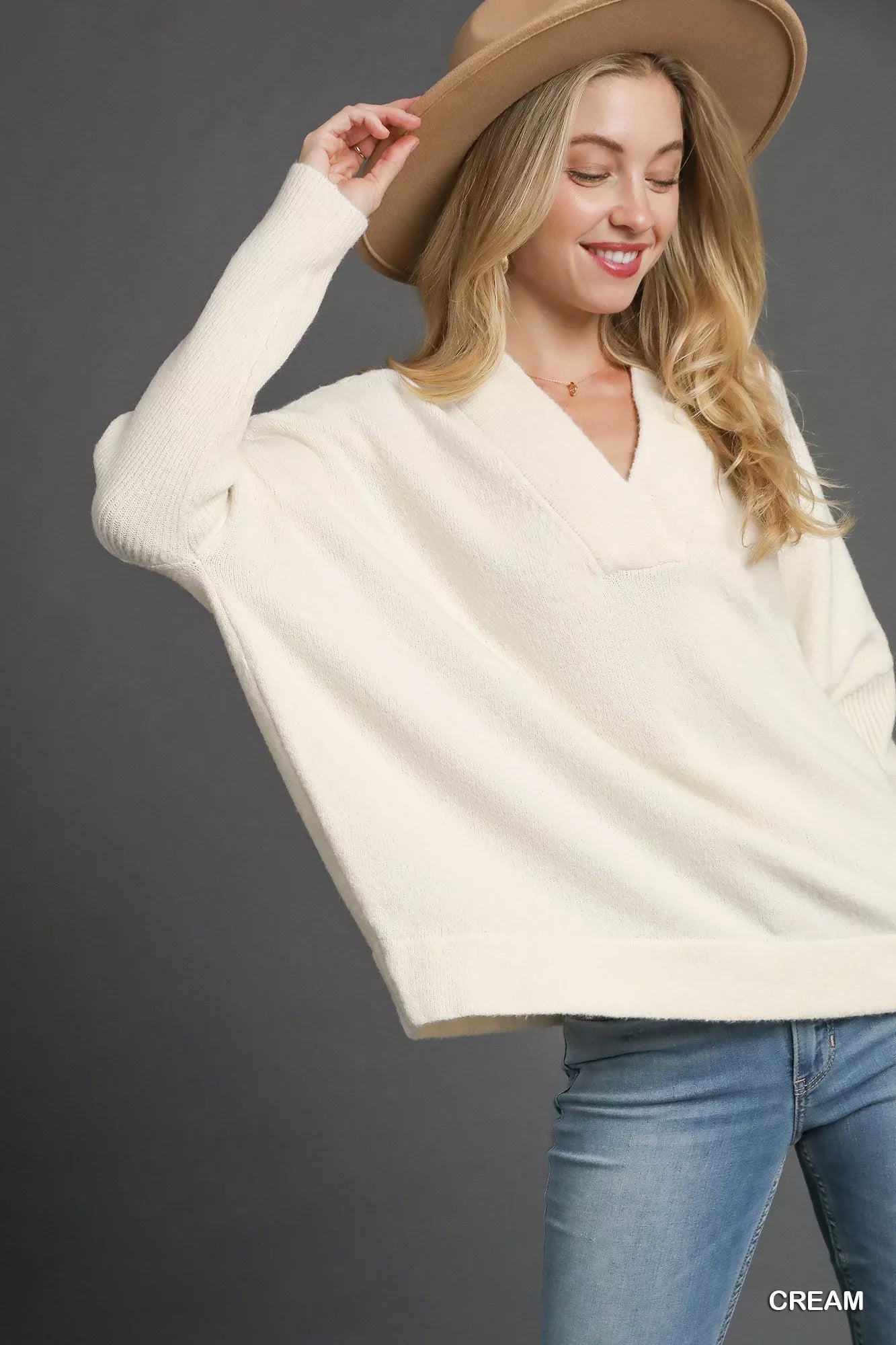 Umgee V - Neck Sweater with Wide Trim Detail - Bitsy Gypsy Boutique