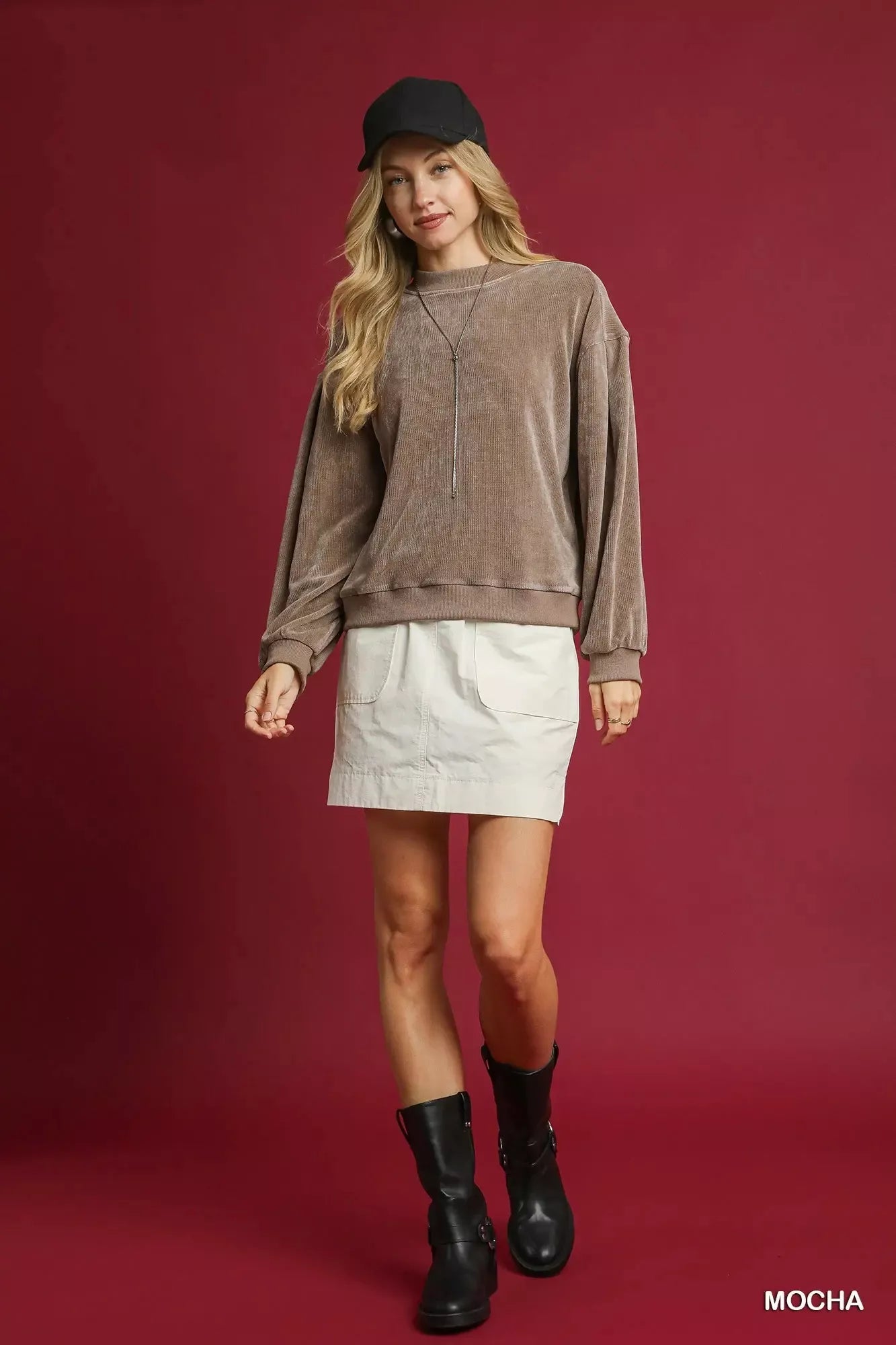 Umgee Velour Crewneck Balloon Sleeve Sweatshirt - Bitsy Gypsy Boutique