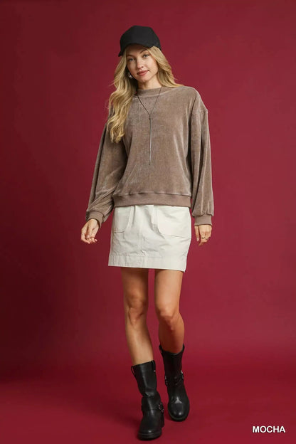 Umgee Velour Crewneck Balloon Sleeve Sweatshirt - Bitsy Gypsy Boutique