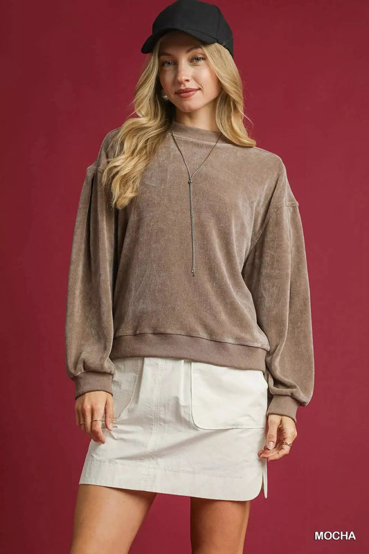 Umgee Velour Crewneck Balloon Sleeve Sweatshirt - Bitsy Gypsy Boutique