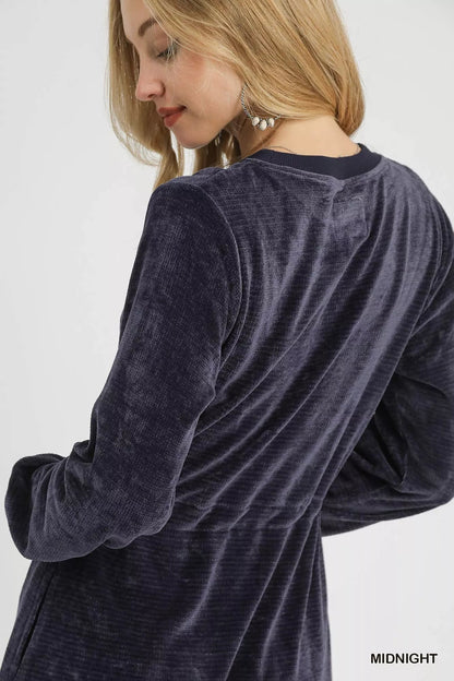 Umgee Velour Drawstring Mini Dress with Long Sleeves - Bitsy Gypsy Boutique